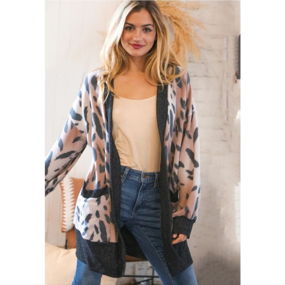 Brown Soft Bubble Sleeve Animal Print Cardigan